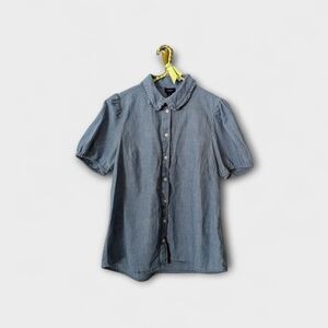 J.Crew Chambray Ruffle Blouse S Peter Pan Collar Puff Sleeve Cottagecore Twee